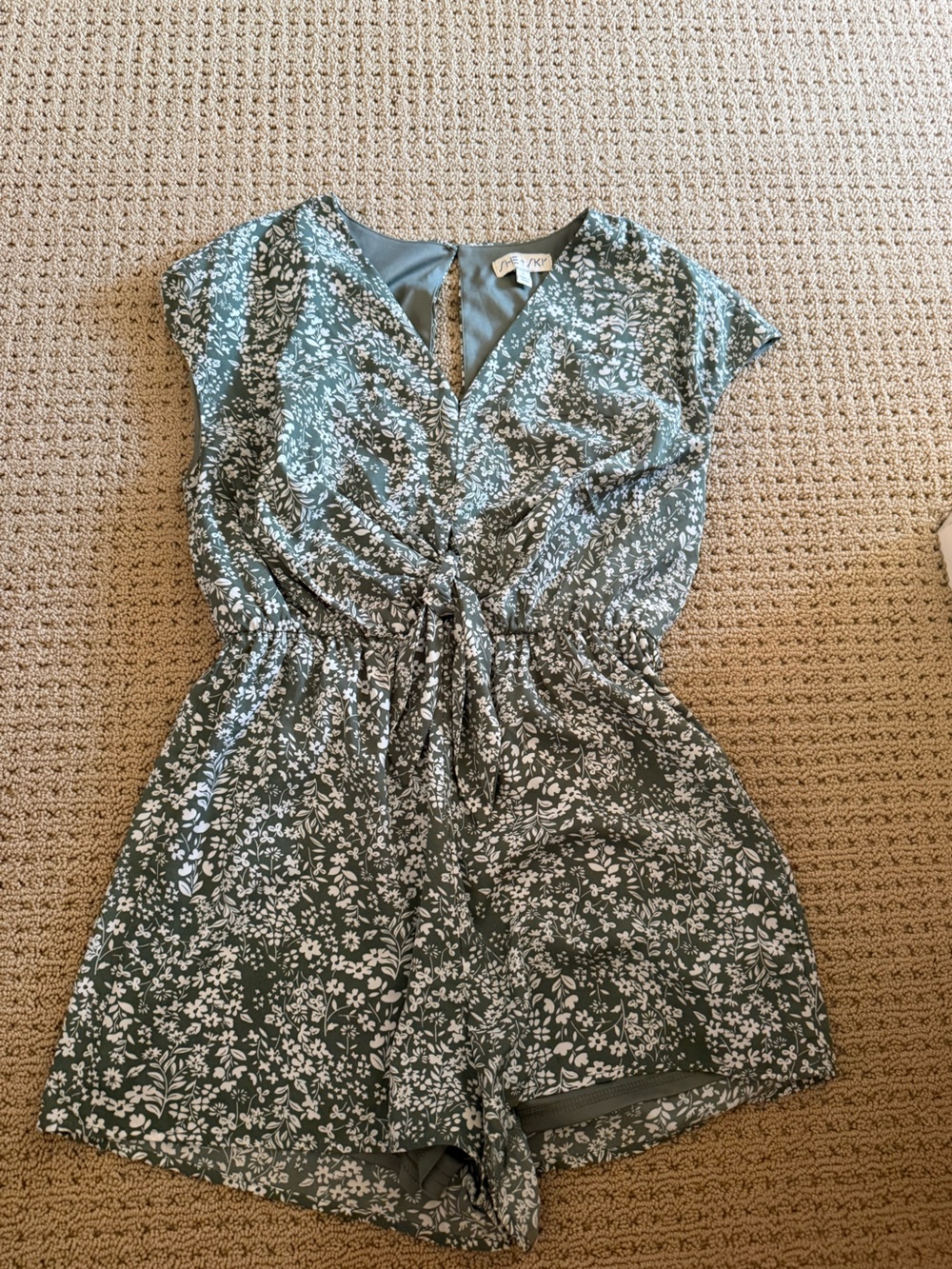 She and Sky Green Floral Tie-Waist Romper